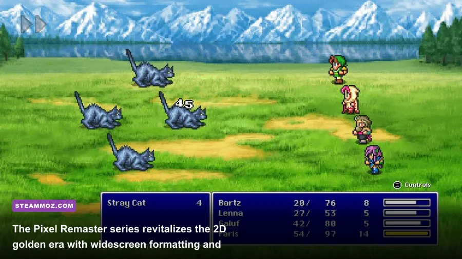 Classic side-view turn-based combat in Final Fantasy VI Pixel Remaster displaying updated sprites and clean UI