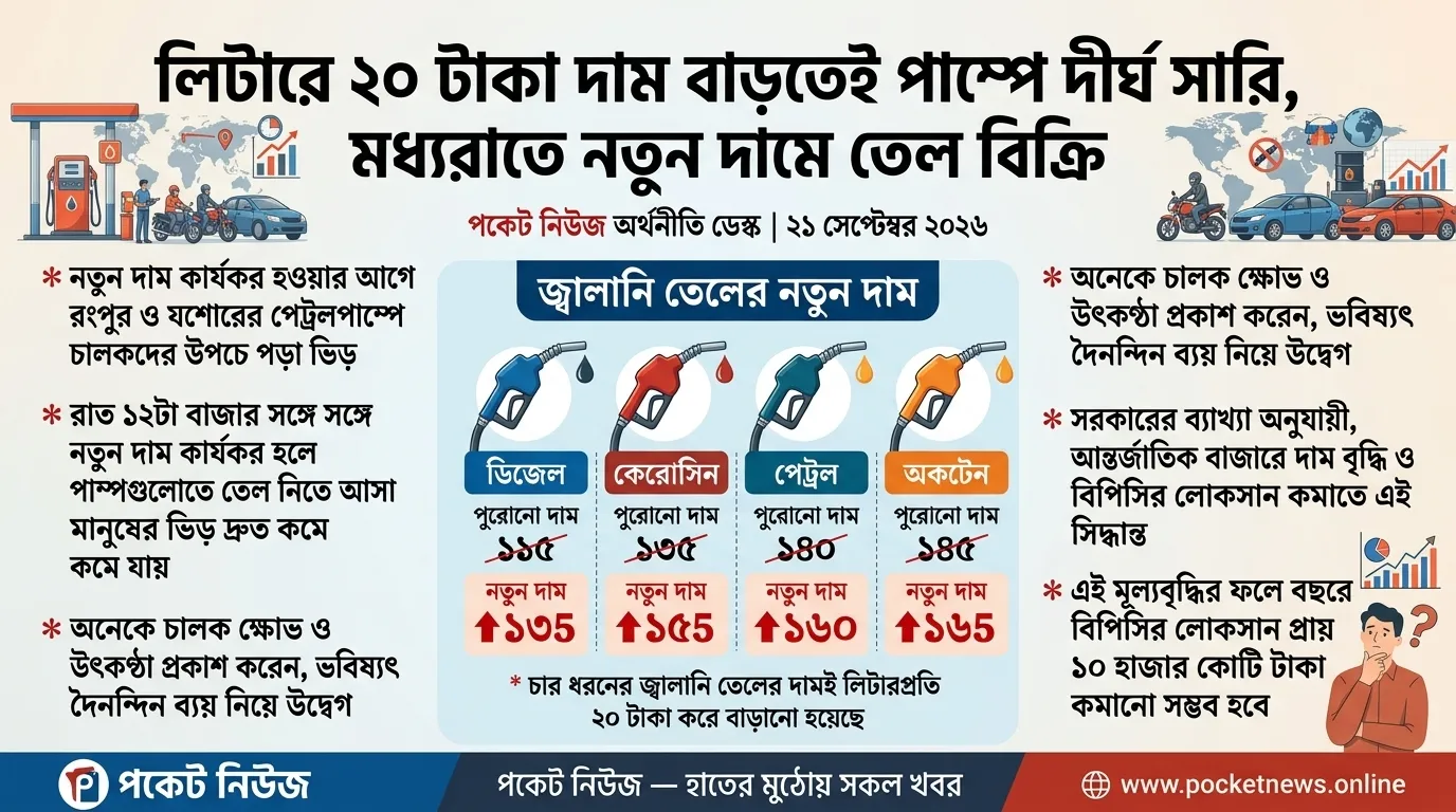 লিটারে ২০ টাকা দাম বাড়তেই পাম্পে দীর্ঘ সারি, মধ্যরাতে নতুন দামে তেল বিক্রি লিটারে ২০ টাকা দাম বাড়তেই পাম্পে দীর্ঘ সারি, মধ্যরাতে নতুন দামে তেল বিক্রি