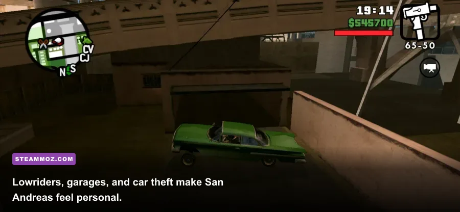 Customized lowrider at a Los Santos garage in GTA San Andreas