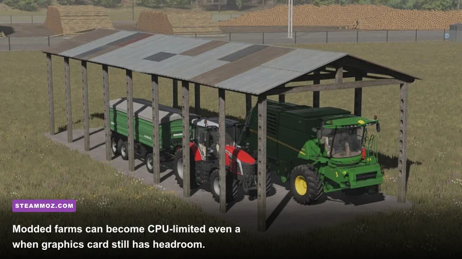 Farming Simulator 22 mod-heavy farm with multiple vehicles and buildings on PC