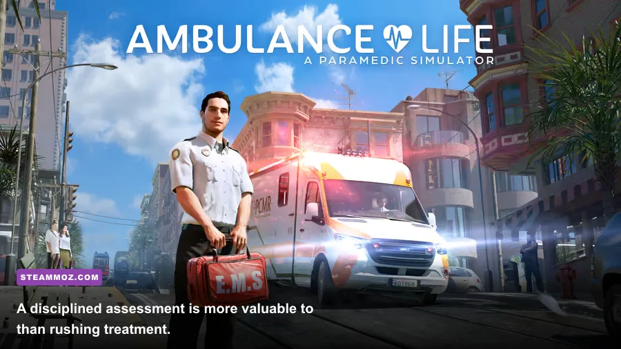 Paramedic examining an injured patient in Ambulance Life A Paramedic Simulator