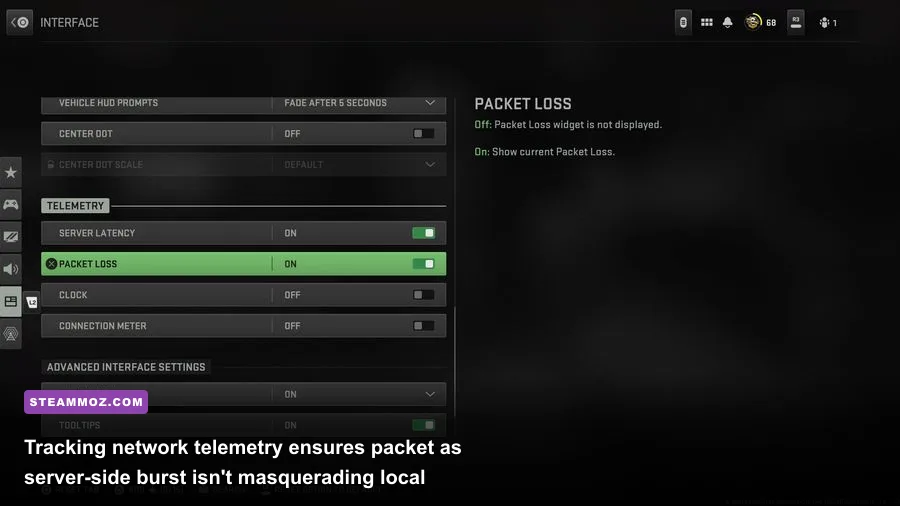 Modern Warfare 2 HUD displaying telemetry widgets for FPS and packet loss