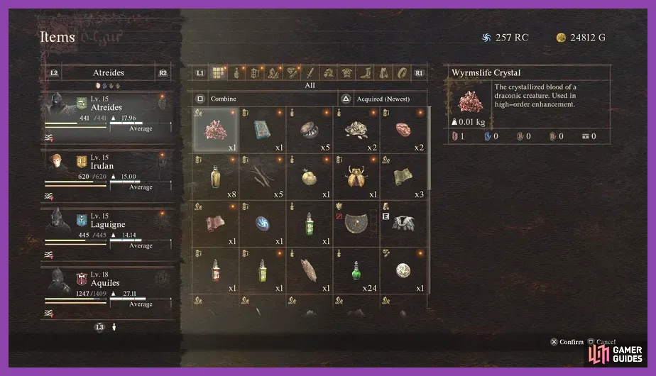 Wyrmslife Crystals inventory screen in Dragon's Dogma 2