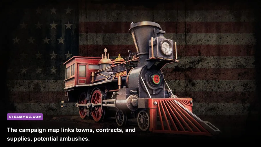 Bounty Train frontier map showing railway routes and towns