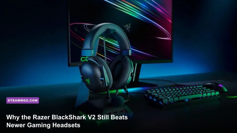 Razer BlackShark V2 gaming headset resting beside an esports mechanical keyboard on a dark gaming desk