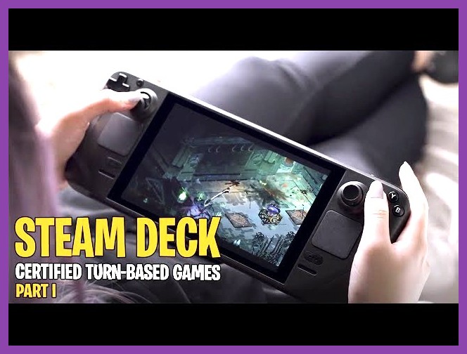 Player holding a Steam Deck handheld console running a high-end Unreal Engine 5 RPG