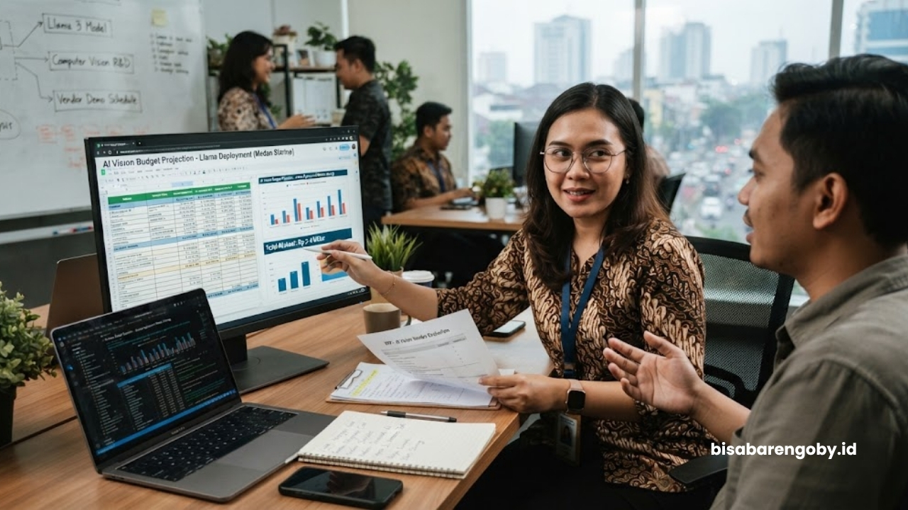 Manajer pengadaan memproyeksikan alokasi anggaran saat menyeleksi jasa AI Vision untuk startup di Medan berbasis Llama