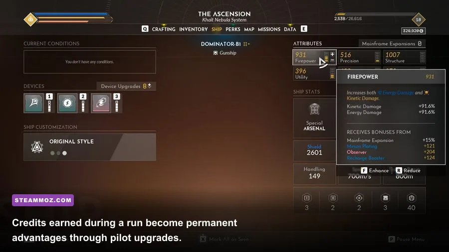 EVERSPACE Encounters pilot perks and ship upgrade interface