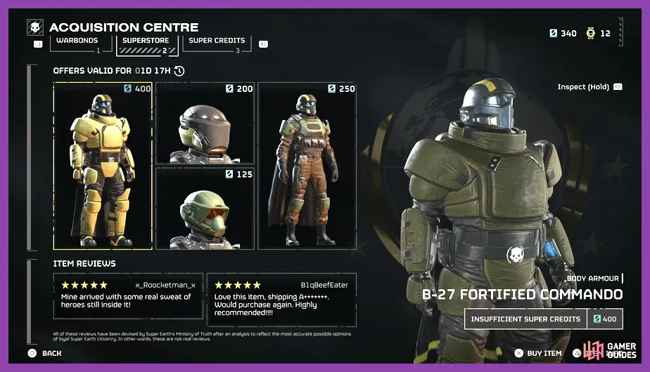 Helldivers 2 Superstore acquisition interface showing limited-time rotating armor pieces