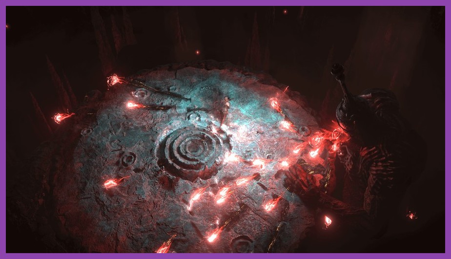 Player fighting a massive act boss in Path of Exile 2 using active dodge roll