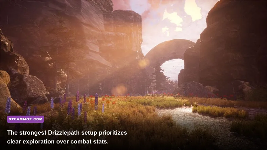Drizzlepath first-person exploration gameplay on a forested trail