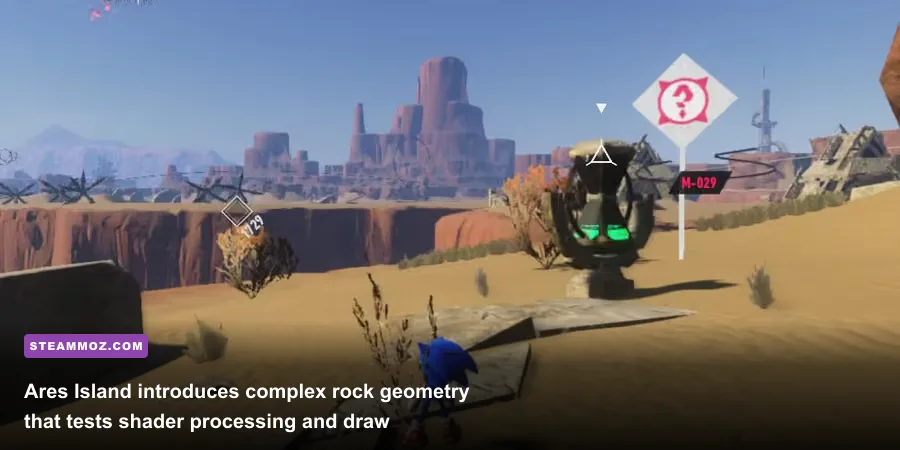 Sonic exploring the rocky desert terrain of Ares Island in Sonic Frontiers
