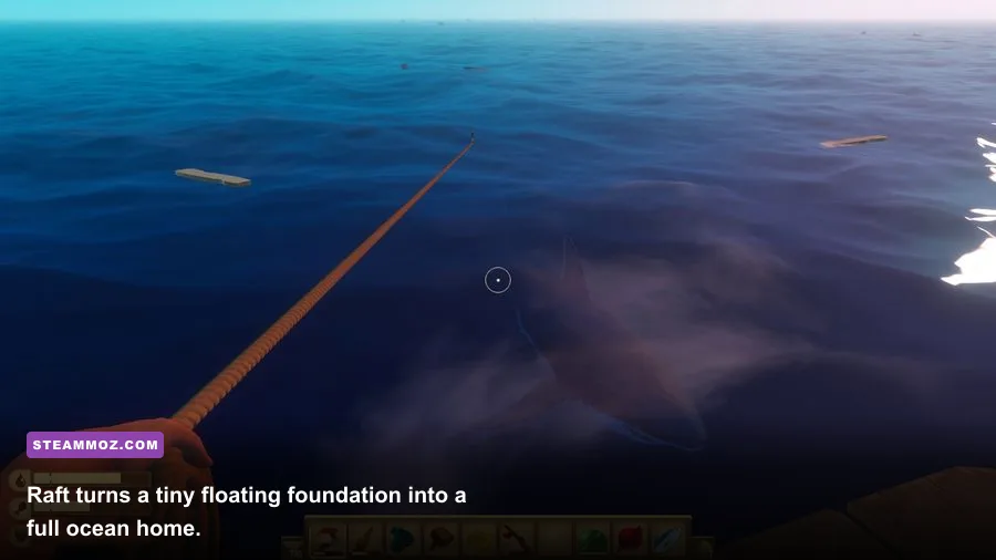 Raft ocean survival base with a shark attacking the player