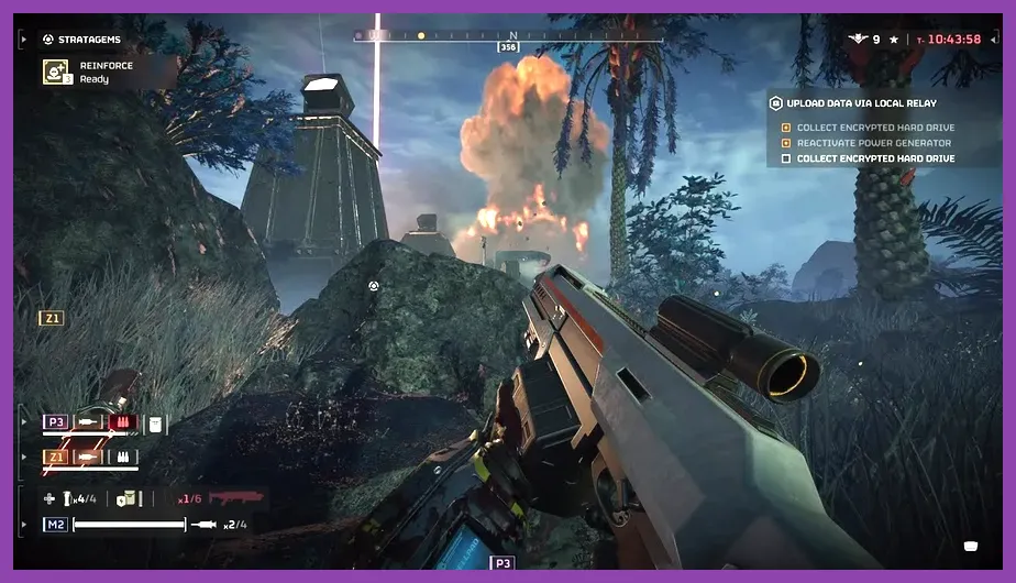 Helldiver aiming the JAR-5 Dominator against Bot Devastators in Helldivers 2
