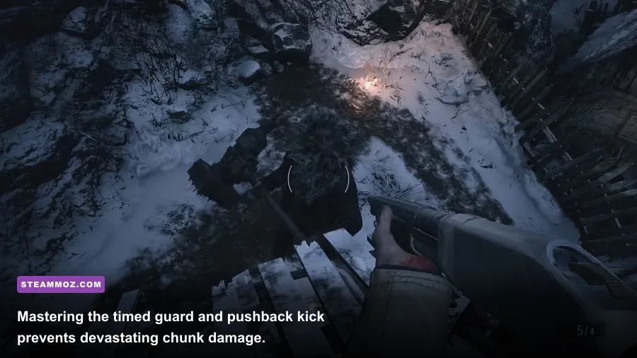 Ethan Winters guarding against a Lycan attack in Resident Evil Village