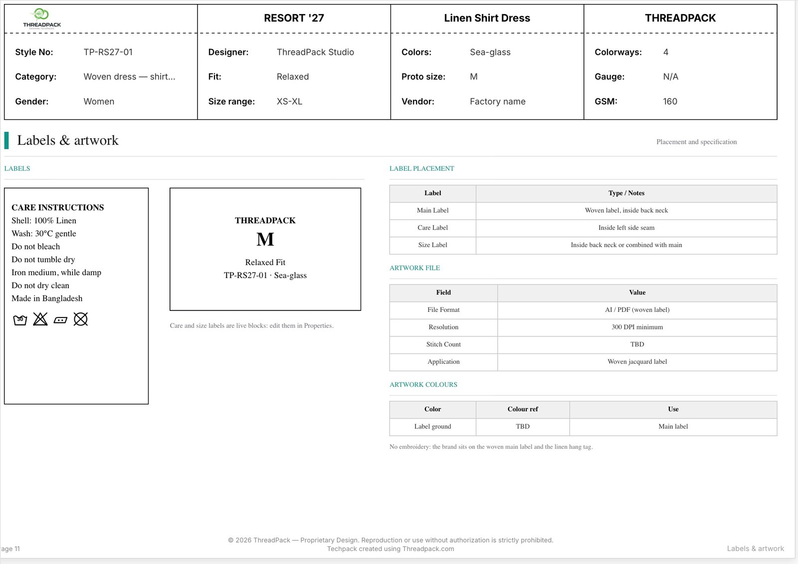 Tech pack page 11: care label, size label and artwork