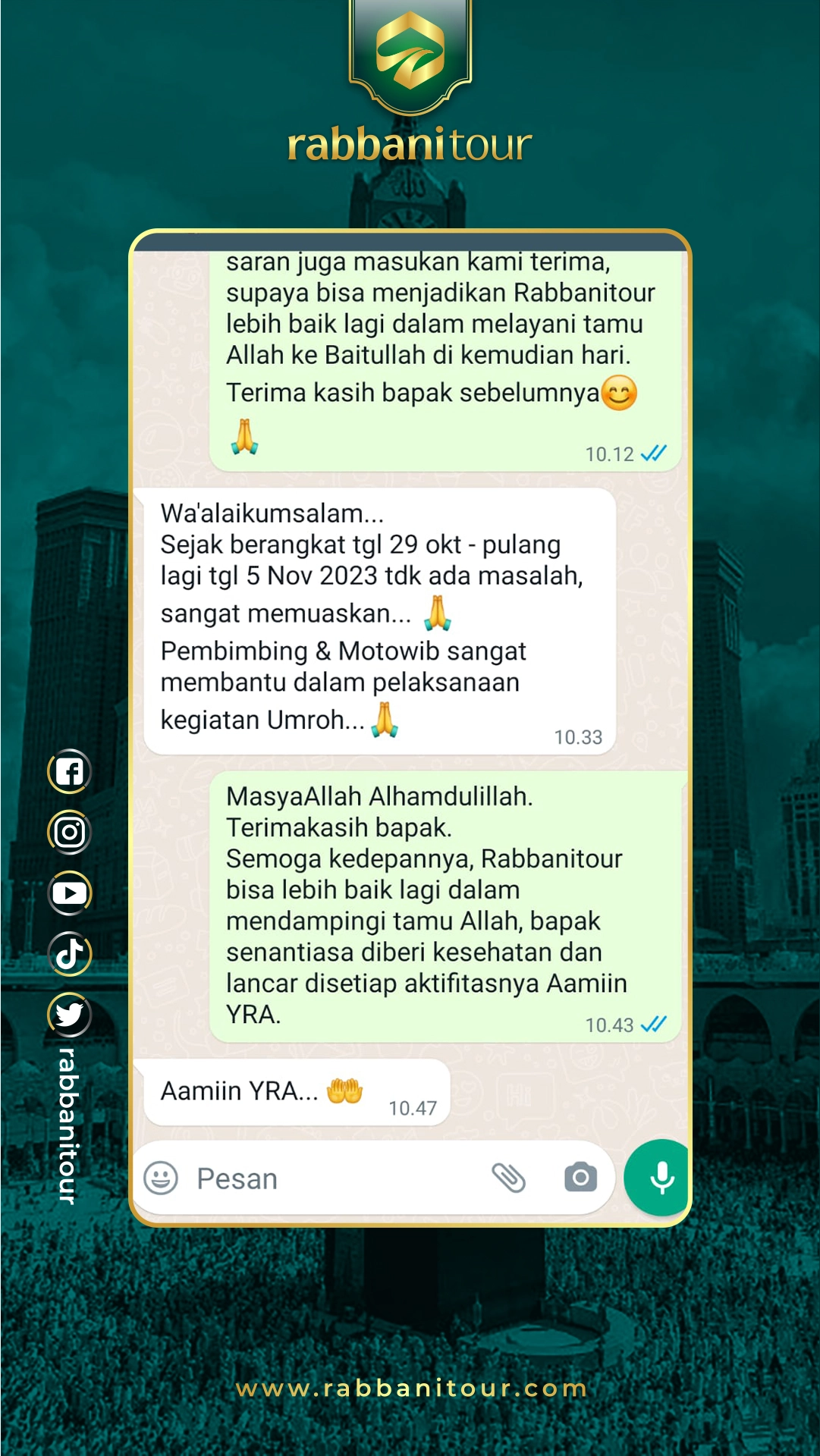 Testimoni jamaah Rabbanitour Travel melalui WhatsApp 5