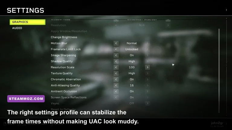 Aliens Fireteam Elite PC graphics settings menu showing resolution and quality options