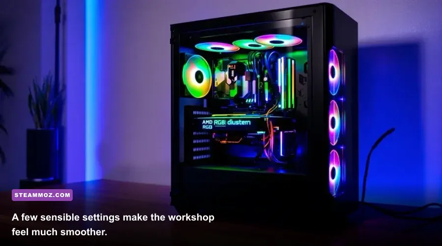 PC Building Simulator graphics settings menu with resolution, shadows, and quality options