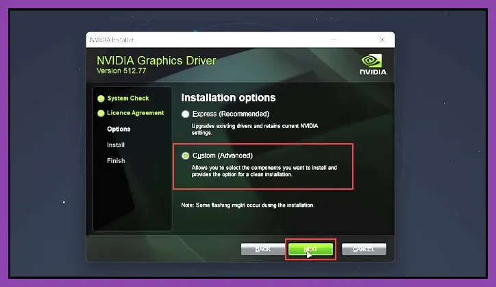 NVIDIA graphics driver clean installation screen for fixing Apex Legends crashes