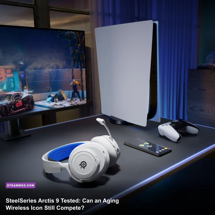 SteelSeries Arctis 9 wireless headset resting next to a mechanical gaming keyboard