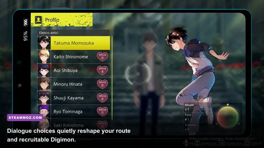 Digimon Survive dialogue choice screen showing Takuma making a Karma decision