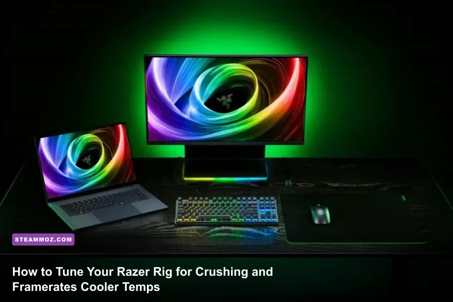 Razer Blade gaming laptop illuminated on a modern gaming desk setup