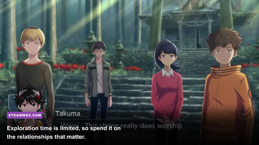Takuma and the Digimon group exploring the abandoned school in Digimon Survive