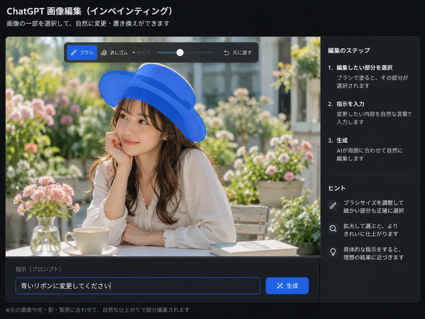 ChatGPTの画像編集画面（インペインティング）の操作イメージ