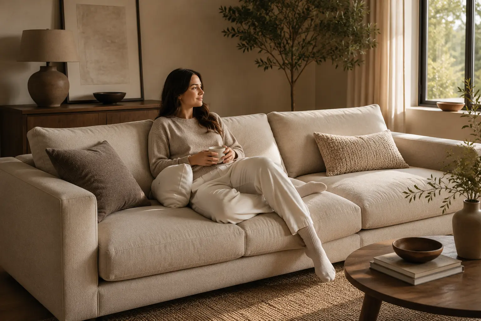 Person relaxing comfortably on a deep-seat sofa in a cozy living room