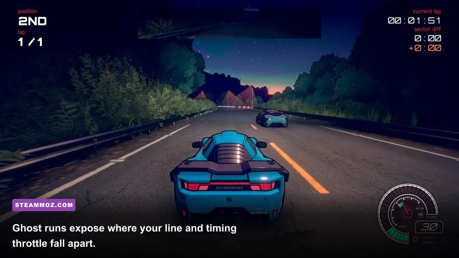 Inertial Drift ghost car racing around a mountain circuit