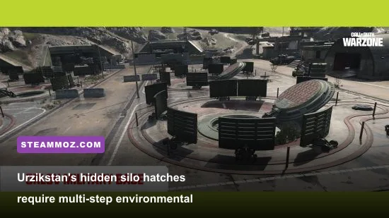 An open missile silo hatch in the hills of Urzikstan revealing an underground complex