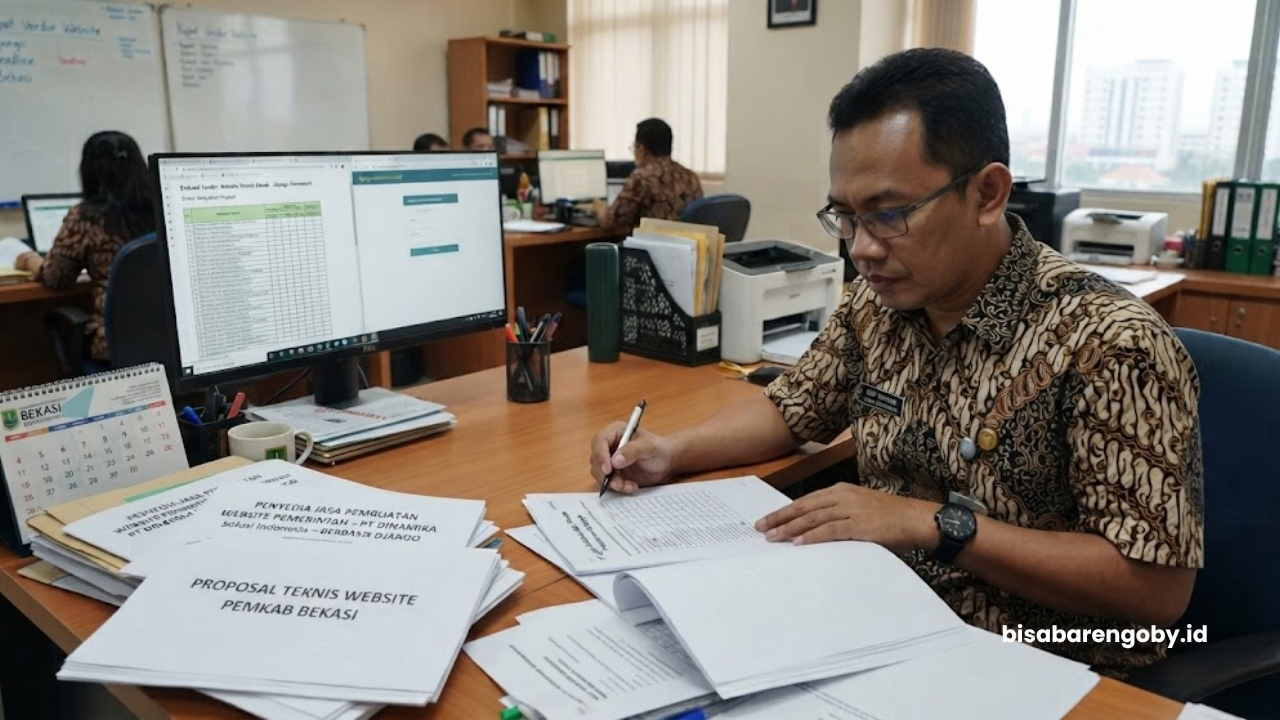 Manajer pengadaan menyeleksi proposal saat mencari vendor website pemerintah untuk perusahaan di Bekasi berbasis Django