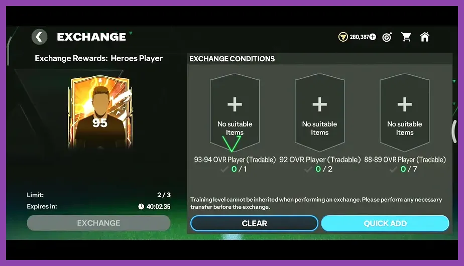 FC Mobile 26 exchange menu displaying player card trade-in requirements