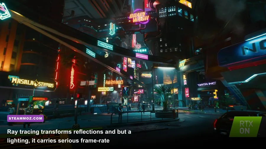Cyberpunk 2077 ray-traced rainy Night City street at night