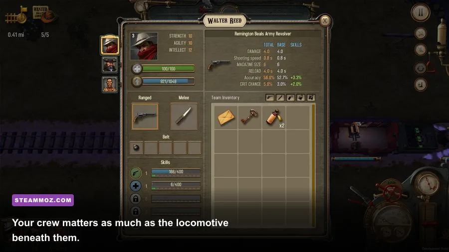 Bounty Train crew management screen with character equipment and supplies