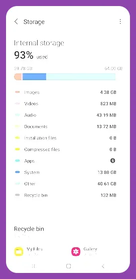 Smartphone settings menu displaying storage breakdown by app