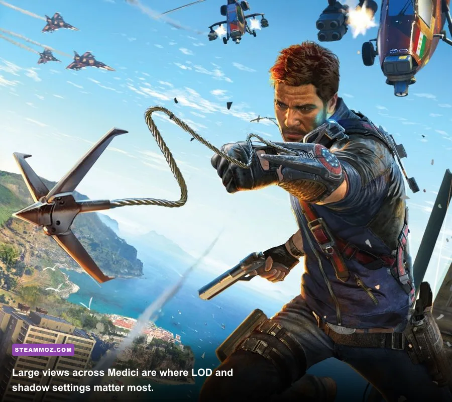 Rico Rodriguez wingsuiting over the countryside in Just Cause 3