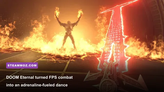 Fast-paced first-person combat in DOOM Eternal with the Super Shotgun and Marauder engagement