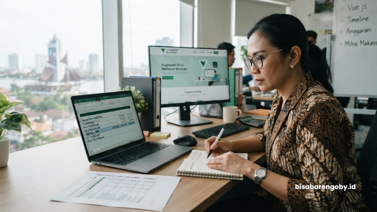 Manajer operasional memproyeksikan anggaran saat mengevaluasi harga website klinik untuk perusahaan di Makassar berbasis Vue