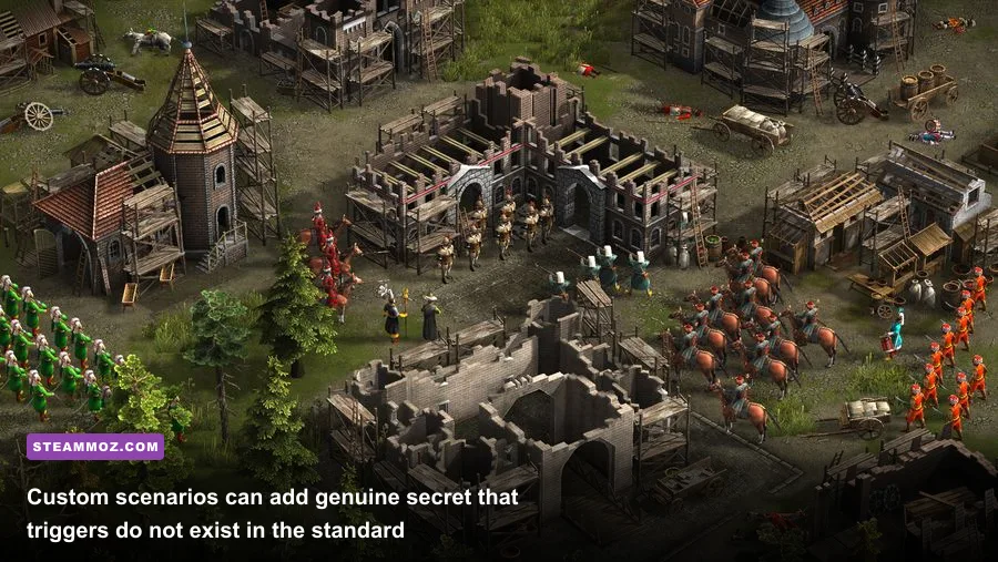 Cossacks 3 scenario editor showing map objects and event triggers