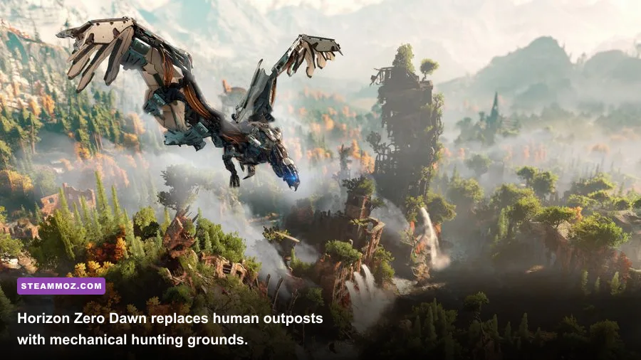 Aloy hunting a Thunderjaw across the open world in Horizon Zero Dawn
