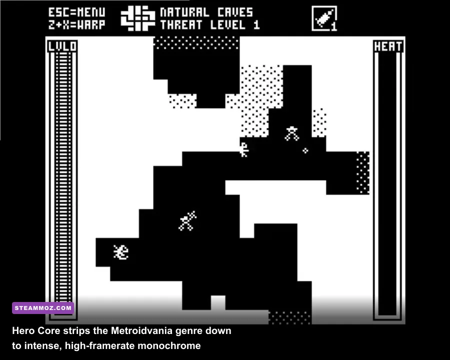 Minimalist monochrome boss fight in Daniel Remar's metroidvania shooter Hero Core