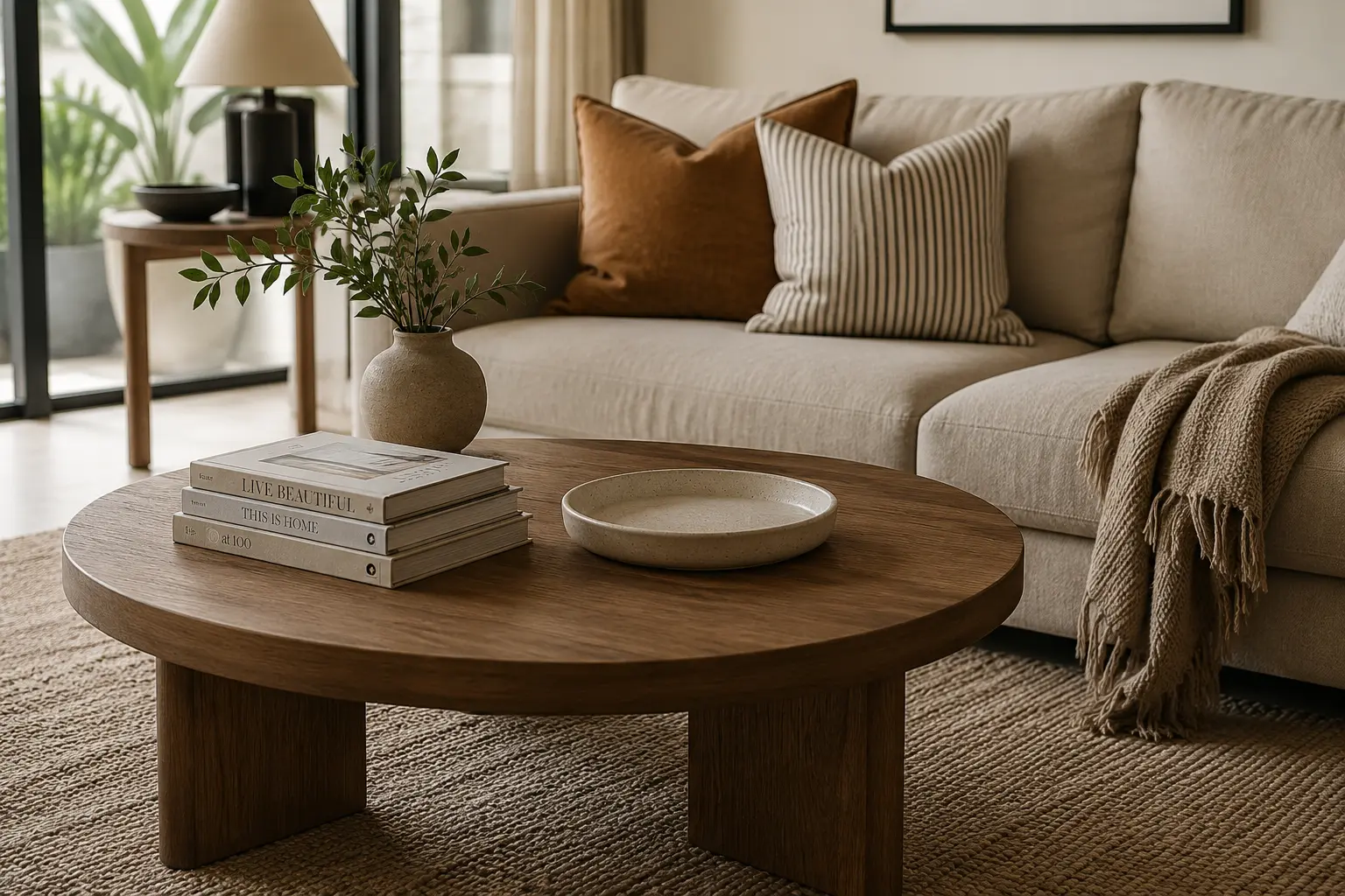 Wooden coffee table styled with books and a ceramic tray in a modern neutral living room