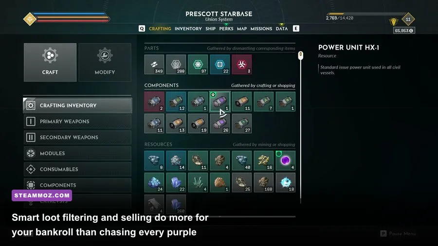 EVERSPACE 2 inventory screen showing credits weapons and equipment loot