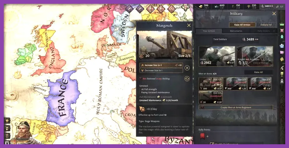 Crusader Kings 3 army besieging a castle with mangonel siege weapons and siege progress