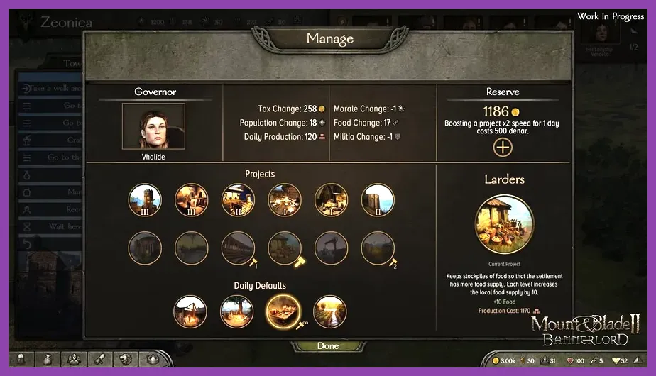 Town menu interface in Mount and Blade 2 Bannerlord