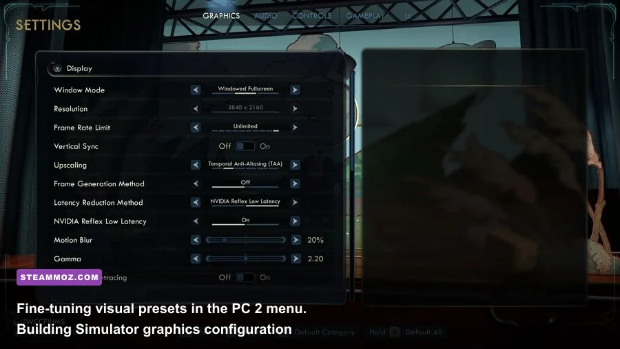In-game graphics options and visual settings menu in PC Building Simulator 2