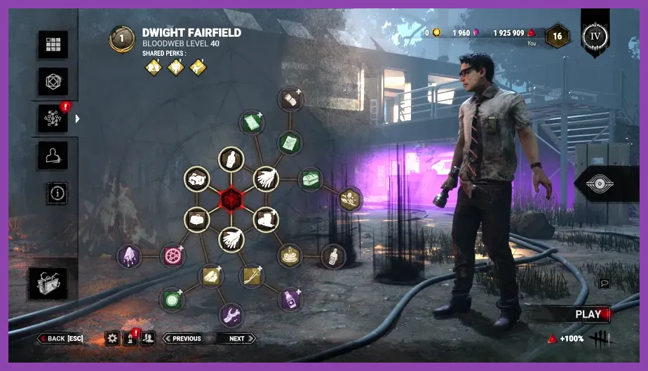 Dead by Daylight bloodweb upgrade interface with items and perks