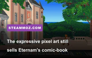 Close-up of Eternam's hand-drawn pixel art and expressive character design